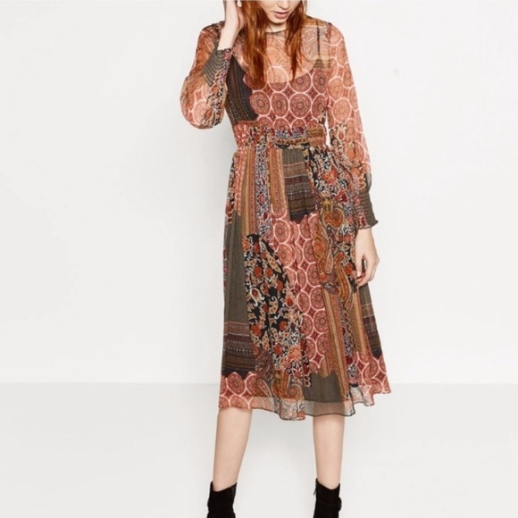 Zara Dresses & Skirts - Zara Boho Patchwork Midi Dress Sheer Long Sleeve Smocked Waist Paisley M